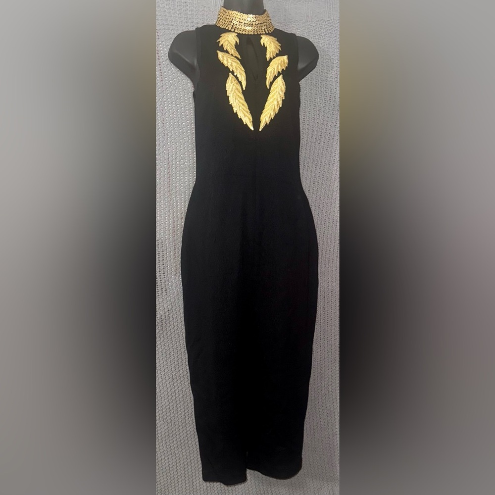 Vtg 80s Grecian Gold Sequin Leaf Choker Keyhole Cocktail Wiggle Party Dress M